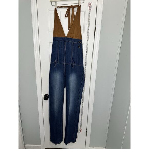 VTG Baby Phat Jumpsuit Suede Halter Sexy Denim Jeans Size 13 Medium Tall 33”